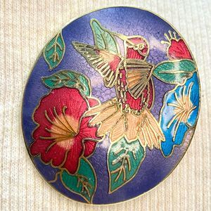 💎Enamel Cloisonne Oval Brooch Hummingbird And Flowers Gold Tone Base